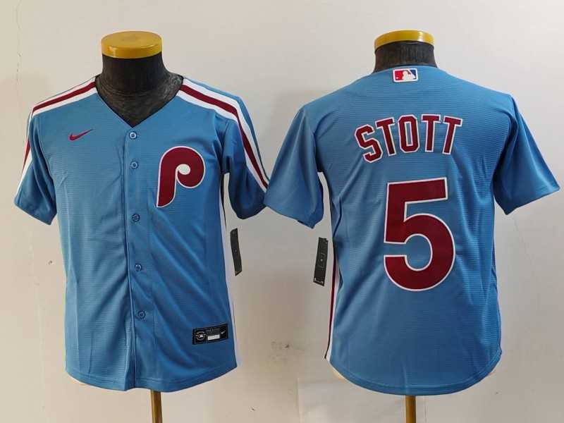 Youth Philadelphia Phillies #5 Bryson Stott Light Blue Cooperstown Cool Base Jersey,We sell and wholesale Youth Philadelphia Phillies #5 Bryson Stott Light Blue Cooperstown Cool Base Jersey on line form chian!